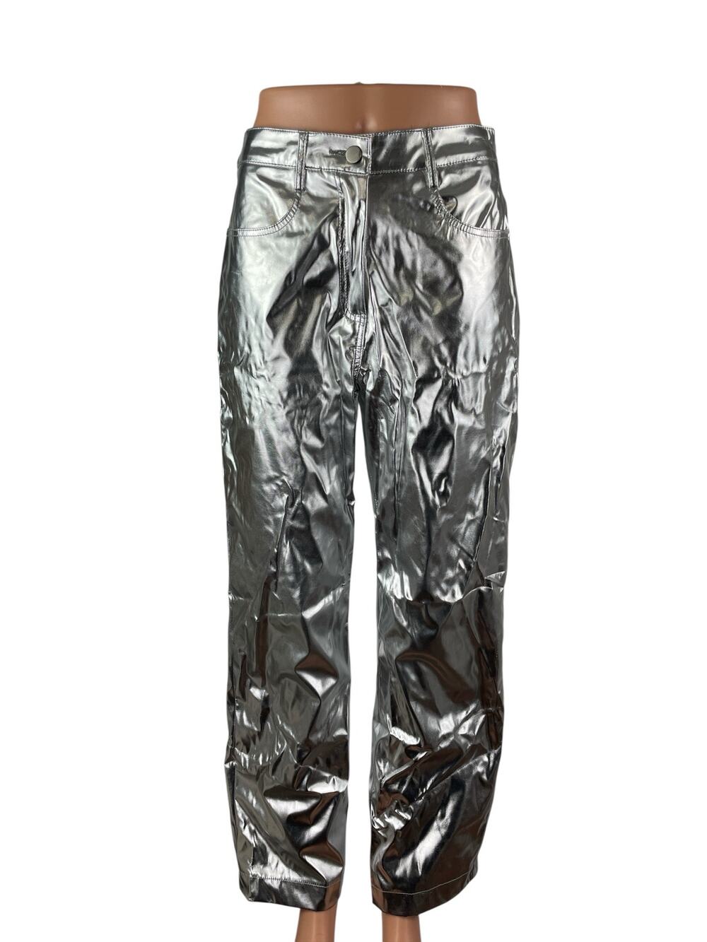 Amylynn Women's Silver Metallic High Rise Straight Leg Relaxed Trousers Pants S